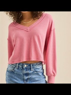 Altar'd State Rose Pink Ribbed Knit Boxy Fit Crop Top